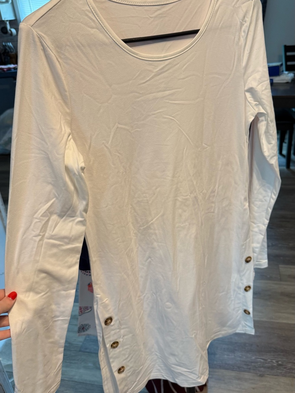 SHEIN White Long Sleeve Scoop Neck Midi Tunic with Side Buttons